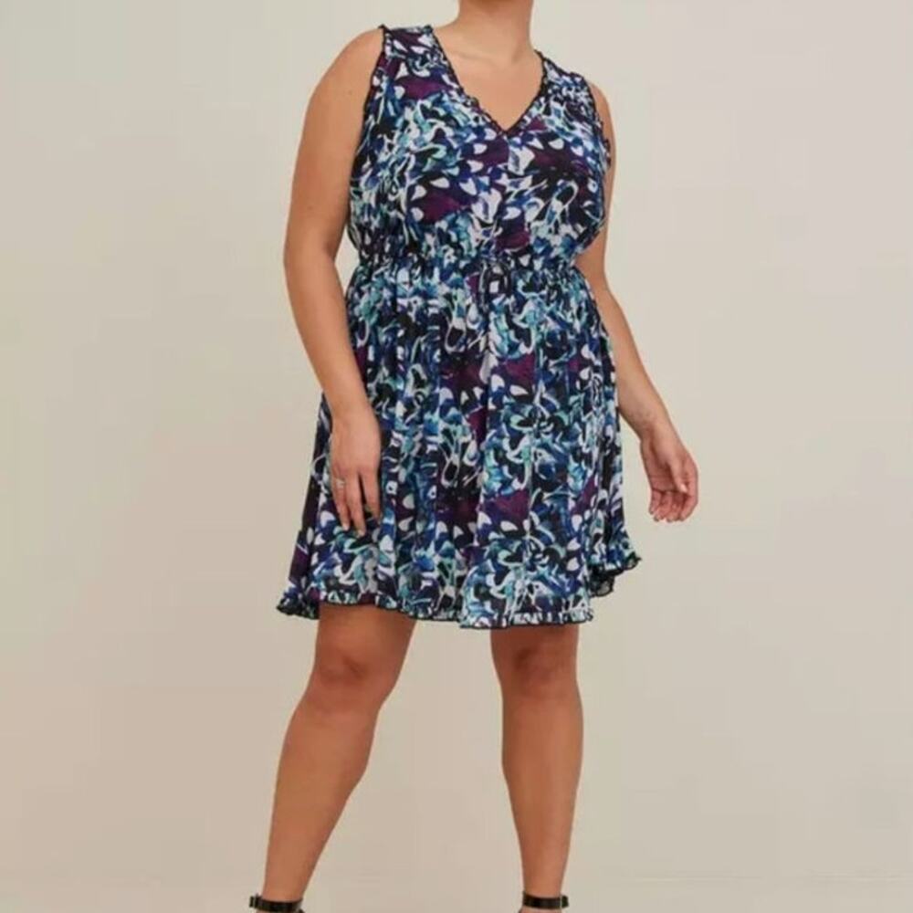 Torrid Abstract Floral Print Chiffon Ruffle Sleeveless Mini Dress
